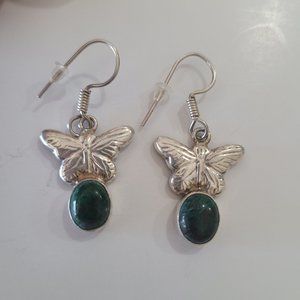 Vintage Butterfly Malachite Sterling Silver Dangling Earrings